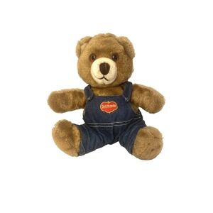 vintage DELMONTE teddy bear in blue overalls stuffed animal plush